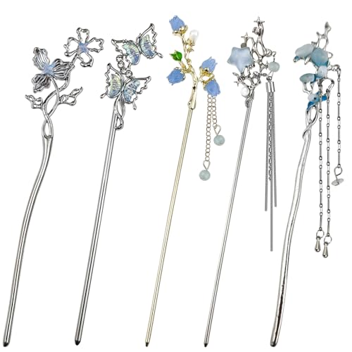 5PCS Butterfly Flower Hair Sticks for Buns Long Hair Chinese Hanfu Asian Vintage Hair Chopsticks Metal Silver Hair Bun Updo Holders Long Hairpins for Women Girls