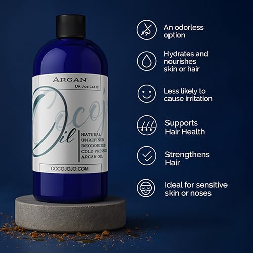 Cocojojo Deodorized Argan Oil for Hair Treatment Oils, Pure Argan Oil for Face, Unrefined Unscented Cold Pressed Extra Virgin - 32 Oz (Pack of 1) - Packaging May Vary