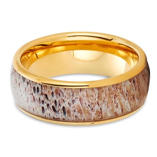 OVIEDO JEWELRY Deer Antler Wedding Ring, Yellow Gold, Tungsten Man's Wedding Band, Woman's Unique Anniversary, and Engagement Ring, Natural Antler, Dome, Comfort Fit
