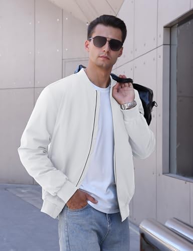 TACVASEN Mens Bomber Jackets Winter Men's Water Resistant Jacket and Coat Mens Casual Windbreaker Jacket Men's Coats White