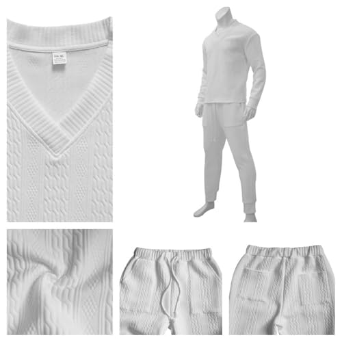 Cable Jacquard Set, Athleisure Men's V-Neck Long Sleeve Tops and Drawstring Jogging Suits 2 Piece Set, Men's Tracksuits (Khaki,Medium)