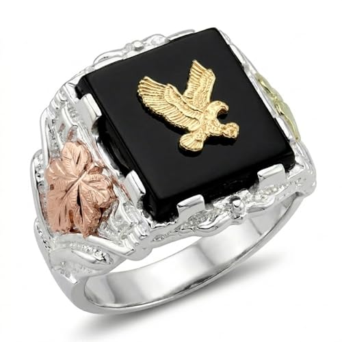 Men's Onyx Eagle Ring, 10k Yellow Gold, Sterling Silver, 12k Green and Rose Black Hills Gold Size 11