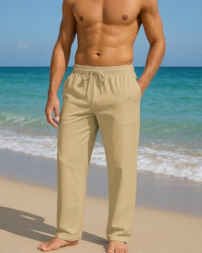 BUXKR Men's Linen Pants Beach Casual Cotton Summer Lightweight Elastic Waist Drawstring with Deep Pockets Khaki