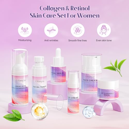Collagen Retinol Skincare Set, 6 Pcs Anti-Aging Skin Care Set with Hydrating Cleanser, Eye Cream, Toner, Cream & Lip Mask, Facial Kit for Women, Birthday Gift for Her
