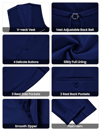 WULFUL Men’s Slim Fit Suit One Button 3-Piece Blazer Dress Business Wedding Party Jacket Vest & Pant Blue