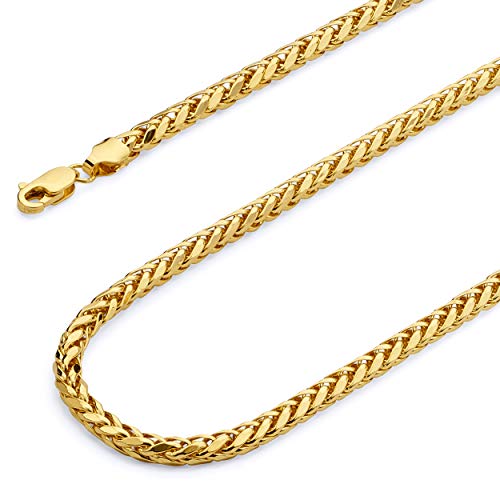 14k REAL Yellow Gold 4mm Diamond Cut Hollow Wheat Chain Bracelet with Lobster Claw Clasp - 8"