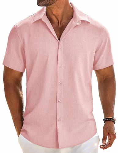 COOFANDY Men's Beach Shirts Short Sleeve Casual Shirt Summer Linen Button Up Shirts Pink