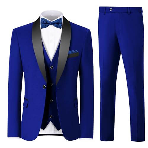 Mens Formal Suits Slim Fit Royal Blue Suit Jacket Vest Pants 3 Piece Set Solid Shawl Lapel Tuxedo Suits for Men Wedding Homecoming Prom Suit XL