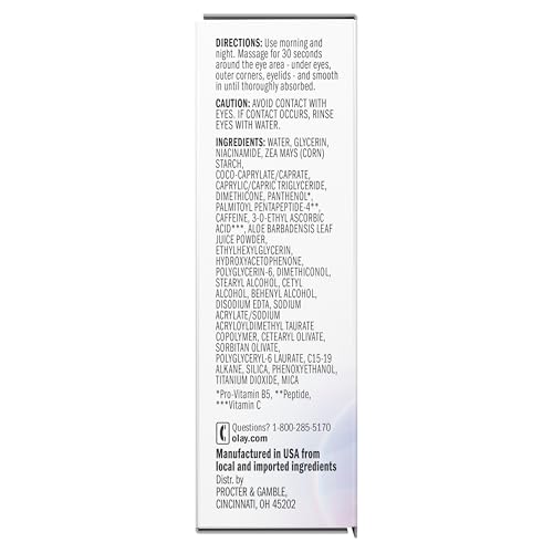 Olay Super Eye Serum - Vitamin C, Caffeine, Niacinamide, Amino Peptide, Aloe Vera - Brightens Dark Circles, Anti-Wrinkle, Anti-Aging, Brightening, Smooths Fine Lines, Firming, Hydrating, 0.45 Oz