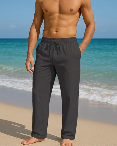 BUXKR Men's Linen Pants Beach Casual Cotton Summer Lightweight Elastic Waist Drawstring with Deep Pockets Dark Grey