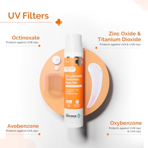 The Derma Co 1% Hyaluronic Sunscreen Aqua Gel with SPF 50 & PA++++ | Broad Spectrum UVA/B & Blue Light Protection | Lightweight & Quick Absorbing with Vitamin E | 1.76 Oz/50g