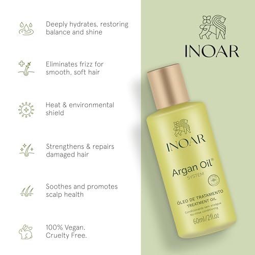 Inoar Argan Oil Hydrating Treatment Oil with Smoothing & Thermal Protection for Hair, Vegan & Cruelty-Free, 2 Fl Oz