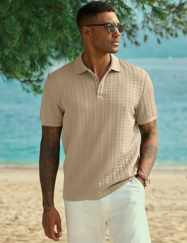 JMIERR Polo Shirts for Men Classic Fit Casual Ribbed Button Down Shirt Quiet Luxury Clothes Casual Collared Shirt, US43(L), Parchment
