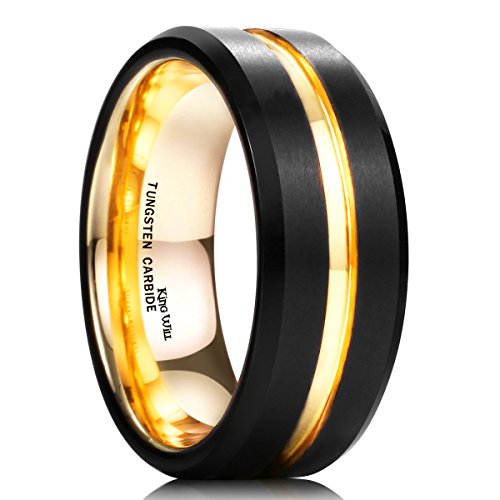 King Will 8mm Tungsten Wedding Band Black & Gold Grooved Center Size 10