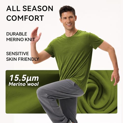 100% Pure 15.5 Micron Merino Wool T-Shirt for Men - 180g Ultra-Rare Luxury, Lightweight, Moisture Wicking Athletic Short GreenM