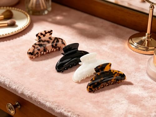4 PCS Premium Durable Hair Claw Clips, Medium Acetate Tortoise Shell Leopard Celluloid Non-Slip Strong Grip Jaw Clips, Fashion Strong Grip Banana Hair Clips for Women Thin Thick Hair(3.74 x 2 in)