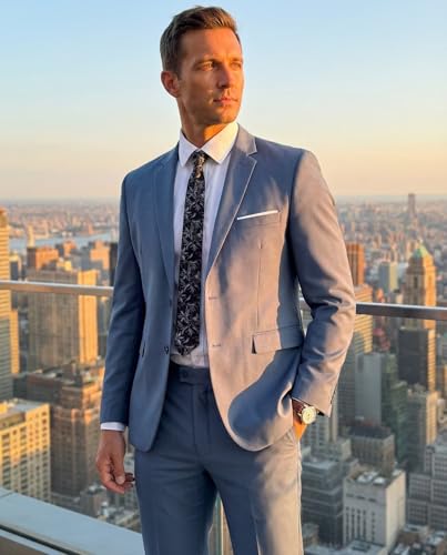 Fxzpiodi Mens 2 Piece Suit Slim Fit Business Wedding Groomsman Suit for Prom Dinner Tuxedo Suit Jacket Pants Denim Blue XL