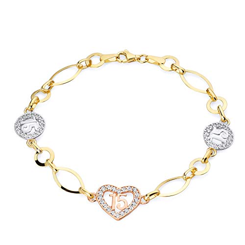 The World Jewelry Center 14k Tri Color Gold 15 Years CZ Bracelet - 7.25"
