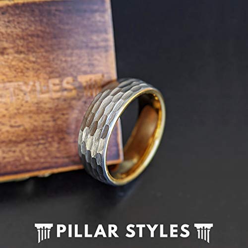 Silver and 14K Gold Hammered Tungsten Rings for Men Wedding Band 8mm Unique Viking Ring Comfort Fit Sizing Golden Anniversary Gifts for Him
