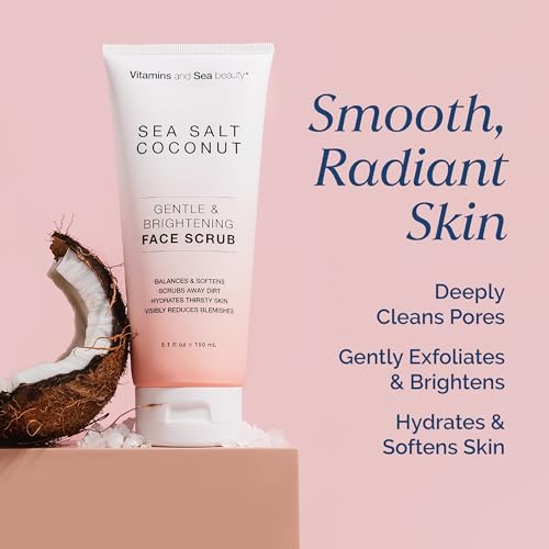 Gentle & Brightening Face Scrub with Sea Salt & Coconut – Exfoliates, Hydrates & Reduces Blemishes – Balancing Facial Cleanser for All Skin Types – 5.1 fl oz