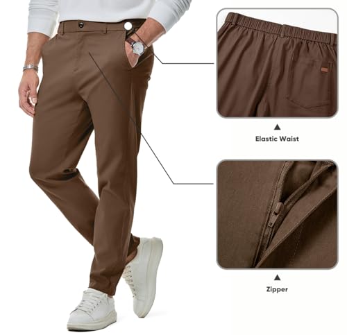 JMIERR Men's Stretch Chino Pants Business Casual Essentials Elastic Waist Classic Fit Tapered Cotton Twill Work Athletic Golf Dress Chocolate Brown Trousers, M, Coffee