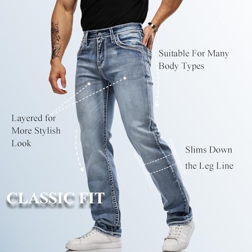 Classic Fit Jeans for Men Embroidered Design All Season Adult Denim Work Pants Everyday Casual Style Men's Pants (US, Waist, 32, Regular, Blue)