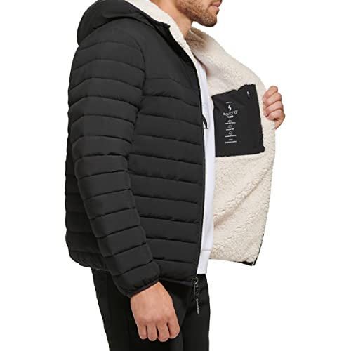 Calvin Klein Men's Lightweight Packable Down Jacket with Fleece Bib and Removable Hood,Black Stretch, X-Large