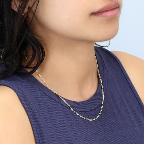 Nuragold 10k Real Yellow Gold Figaro Link 2mm Thin Chain Necklace (16"-26") - 22"