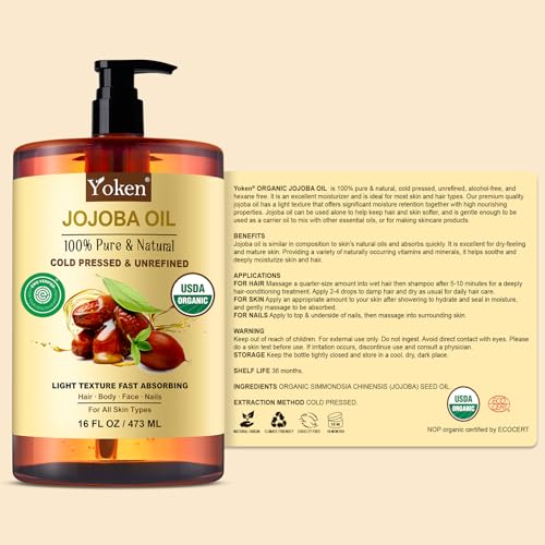 Yoken Organic Jojoba Oil 16oz, USDA Certified Cold Pressed for Skin Care