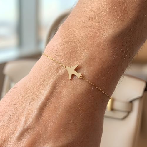 Floreo 14k Yellow Gold 11.8mm Airplane Charm Link Bracelet, Adjustable 6.25"" - 7 Inch