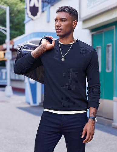 COOFANDY Men's Crewneck Sweatshirts Geometric Texture Casual Long Sleeve Pullovers Solid Color Lightweight Pullover Tops