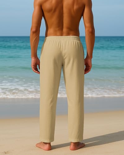 BUXKR Men's Linen Pants Beach Casual Cotton Summer Lightweight Elastic Waist Drawstring with Deep Pockets Khaki