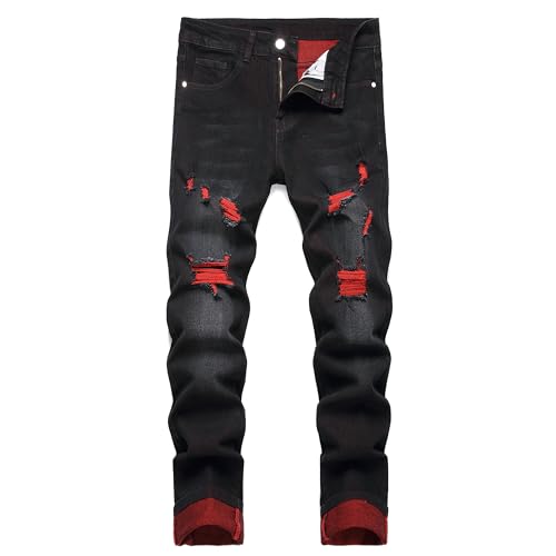 JUNBAOSS Men's Ripped Slim Fit Jeans Straight Leg Distressed Patch Jeans Men's Casual Slim Fit Jeans Skinny Jeans Mens Ripped Skinny Stretch Distressed Destroyed Slim Denim Pants, Black 7804, Size 38