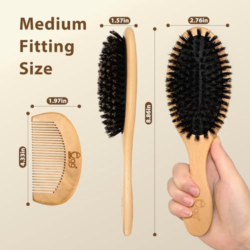 BLACK EGG Boar Bristle Hair Brush for Women Men Kid, Soft Natural Bristles Brush for Thin and Fine Hair, Restore Shine and Texture, Set includes Bamboo comb and 3 hair ties, Excellent Gift Idea