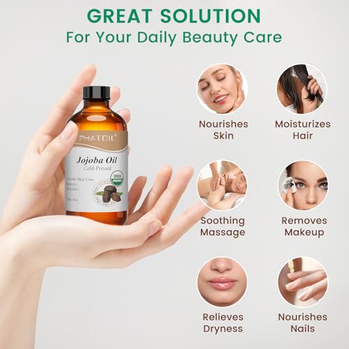 PHATOIL USDA Certified Organic Jojoba Oil for Face, Skin(4 Fl Oz/118ML)