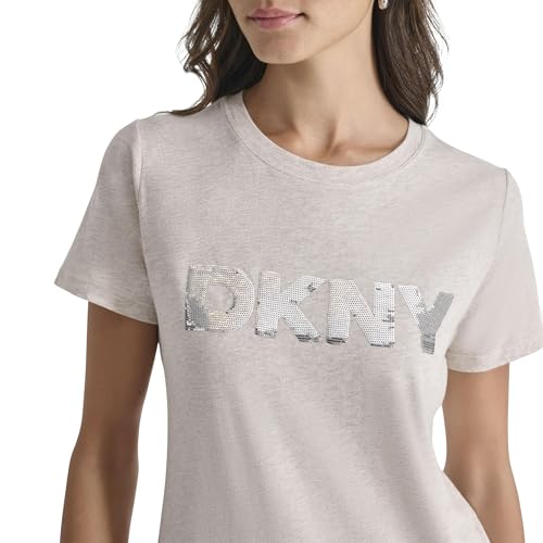 DKNY Women's Logo Soft Short Sleeve Top, Crtd Hr/Shiny Silver