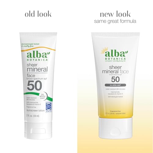 Alba Botanica Sunscreen for Face, Fragrance-Free Sheer Mineral Face Sunscreen Lotion, Broad Spectrum SPF 50, Water Resistant and Biodegradable, 2 fl. oz. Bottle (Packaging May Vary)