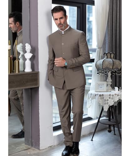 2 Piece Men's Chinese Suit Chinese Stand Collar Slim Fit Suits Front Button Blazer Pant Set,Black-L