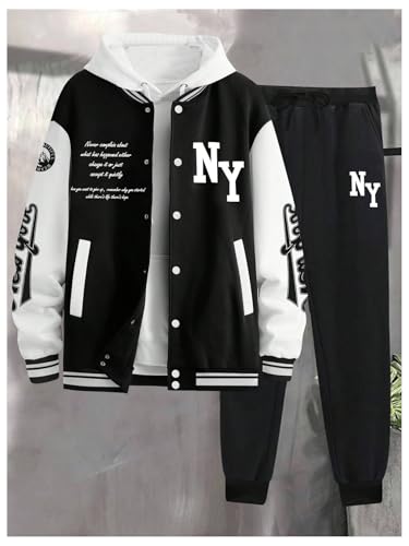 SOLY HUX Men's Tracksuit 2 Piece Outfits Color Block Letter Graphic Long Sleeve Varsity Jacket and Pants Set Black and White Letter Medium