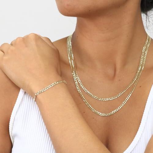 Nuragold 14k Real Yellow Gold Cuban Curb Solid Link Chain Bracelet - 4mm - 7.5"