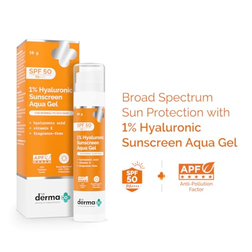The Derma Co 1% Hyaluronic Sunscreen Aqua Gel with SPF 50 & PA++++ | Broad Spectrum UVA/B & Blue Light Protection | Lightweight & Quick Absorbing with Vitamin E | 1.76 Oz/50g
