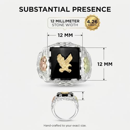 Men's Onyx Eagle Ring, 10k Yellow Gold, Sterling Silver, 12k Green and Rose Black Hills Gold Size 9.25