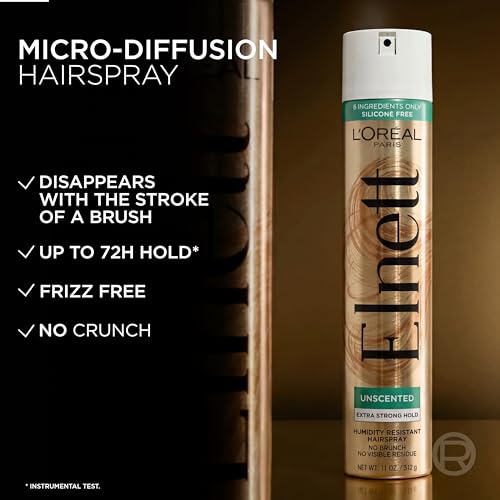 L'Oreal Paris Elnett Unscented Hairspray, up to 72-Hour Extra Strong Hold Formula with Humidity Resistant Frizz Control, Hairspray with Soft, Brushable Finish, 11 oz