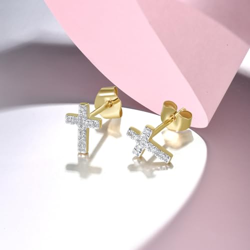 Santuzza 10K Yellow Solid Gold Cross Shape Genuine Diamond Stud Earrings
