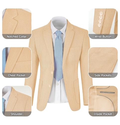 Seersucker Slim Suits Men Formal Summer Beach Wedding Grooms 2 Piece Blazer Pants Party Striped Suit Orange S
