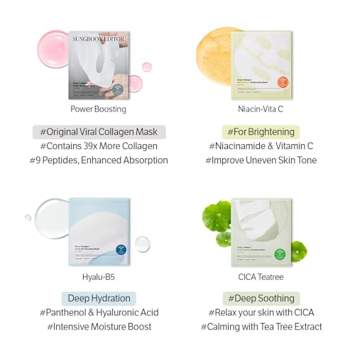 SUNGBOON EDITOR Deep Collagen Overnight Mask Hydrating Mask for Glass Skin, Wrinkle Care, Firming & Pore Refining 2,160,000PPB Collagen + 9 Peptides Korean Skincare, 4ea, Gifts for Women
