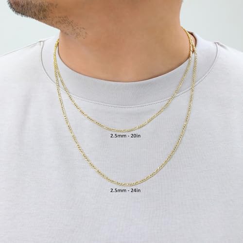 Nuragold 14k Real Yellow Gold Figaro Link Pave Diamond Cut Chain Necklace - 20",2.5mm
