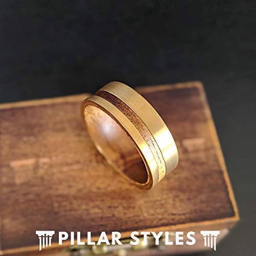 Koa Wood Ring 14K Gold Tungsten Rings for Men Wedding Band Wooden Offset Inlay Comfort Fit Golden Brushed Unique Viking Rings