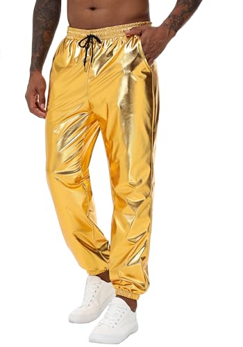 NewL Mens Gold Metallic Shiny Rave Night Club Pants Comfort Sweatpants Disco Dance Party Elastic Trousers (US, Alpha, Small, Regular, Regular, Gold)