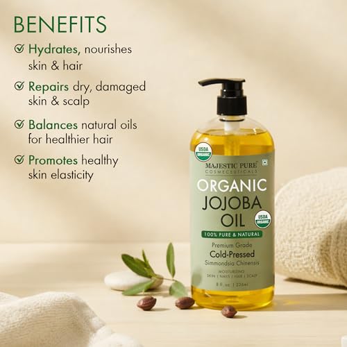 Majestic Pure USDA Organic Jojoba Oil 100% Pure & Natural Body Oil -8 Fl Oz